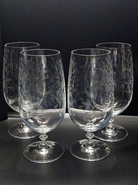 4 Pier1 Eliza Iced Tea Goblets Glasses 7.5" crystal chintz etched leaves vintage